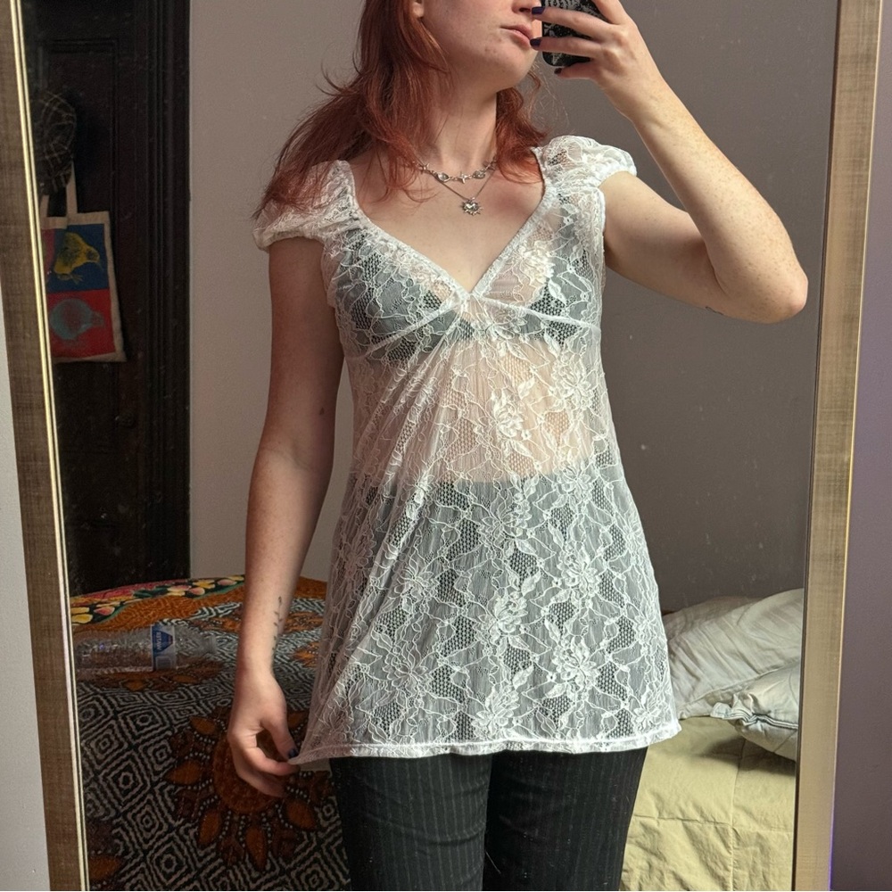 Sheer Lace V-Neck Babydoll Top - White